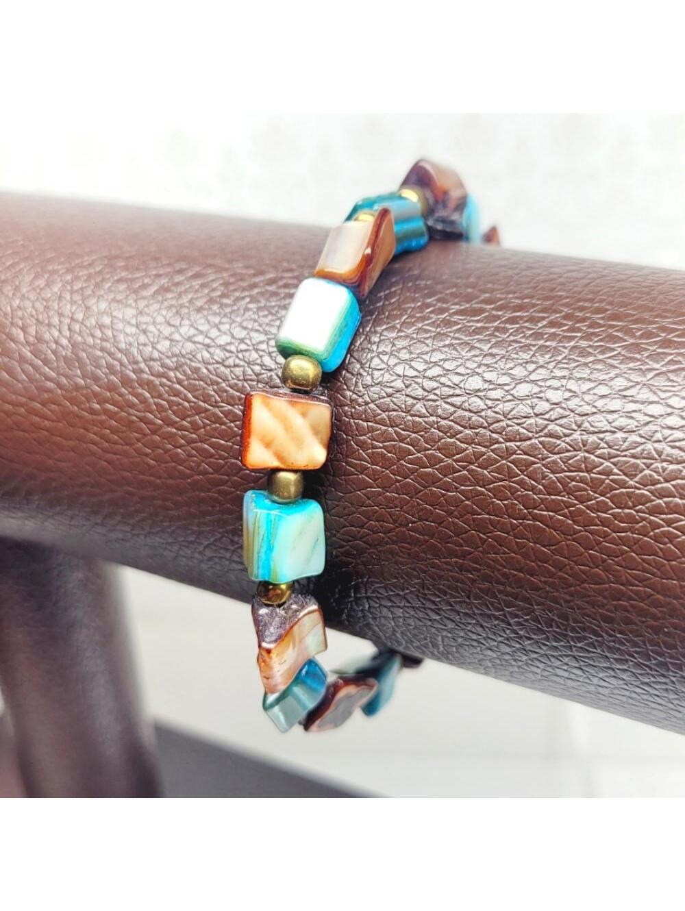 Mother of Pearl Shell Blue Brown Stretch Bracelet